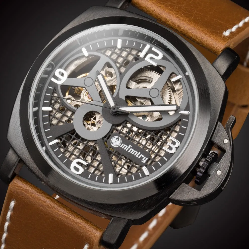 INFANTRY Men's Watches Brand Military Army Wristwatches Brown Leather Hand Winding Mechanical Skeleton New Relogio Masculino