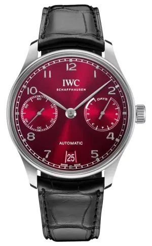 IWC Portugieser Power Reserve Automatic Stainless Steel Red Dial Black Leather Strap Date Mens Watch IW500714