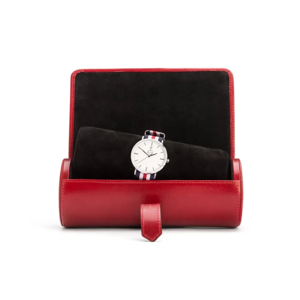 Large Leather Watch Roll - Red With Black