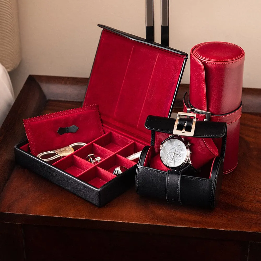 Large Leather Watch Roll - Red With Black