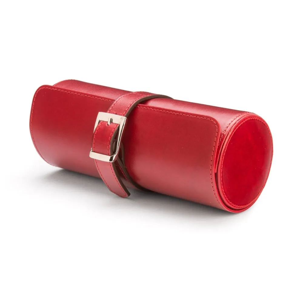 Large Leather Watch Roll - Red With Black