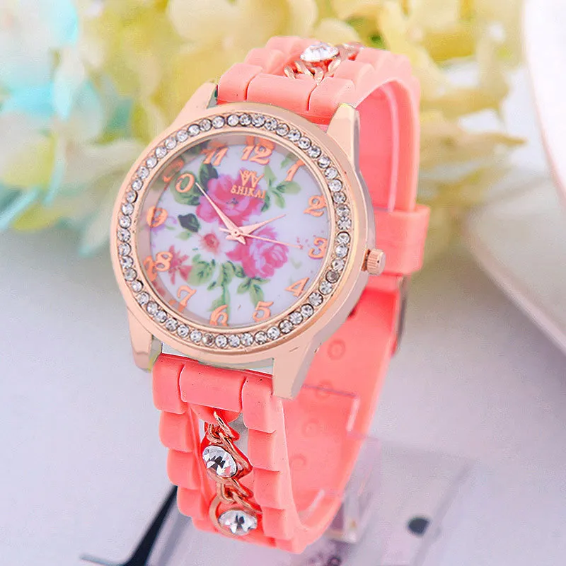 Luxury Flower Silicone Watches Women Diamond Rose Gold Quartz Watch Fashion Wristwatches Clocks Wrist Watches Fine Jewelry