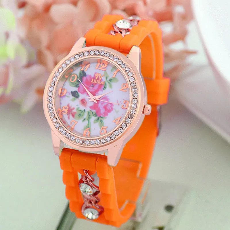 Luxury Flower Silicone Watches Women Diamond Rose Gold Quartz Watch Fashion Wristwatches Clocks Wrist Watches Fine Jewelry