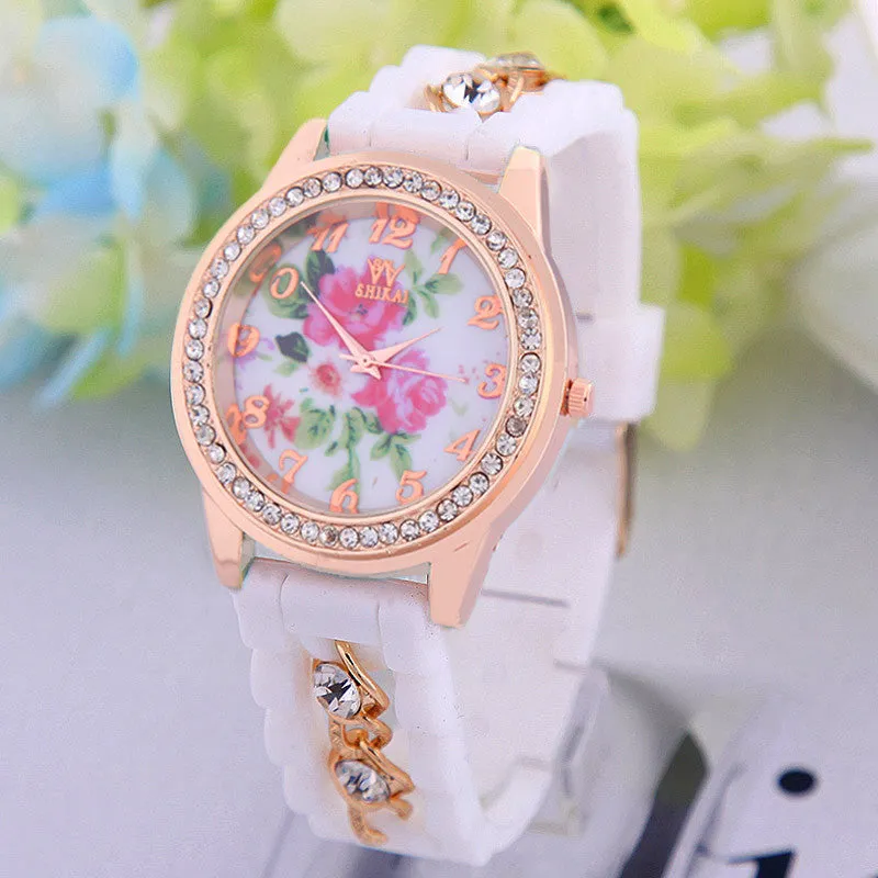 Luxury Flower Silicone Watches Women Diamond Rose Gold Quartz Watch Fashion Wristwatches Clocks Wrist Watches Fine Jewelry