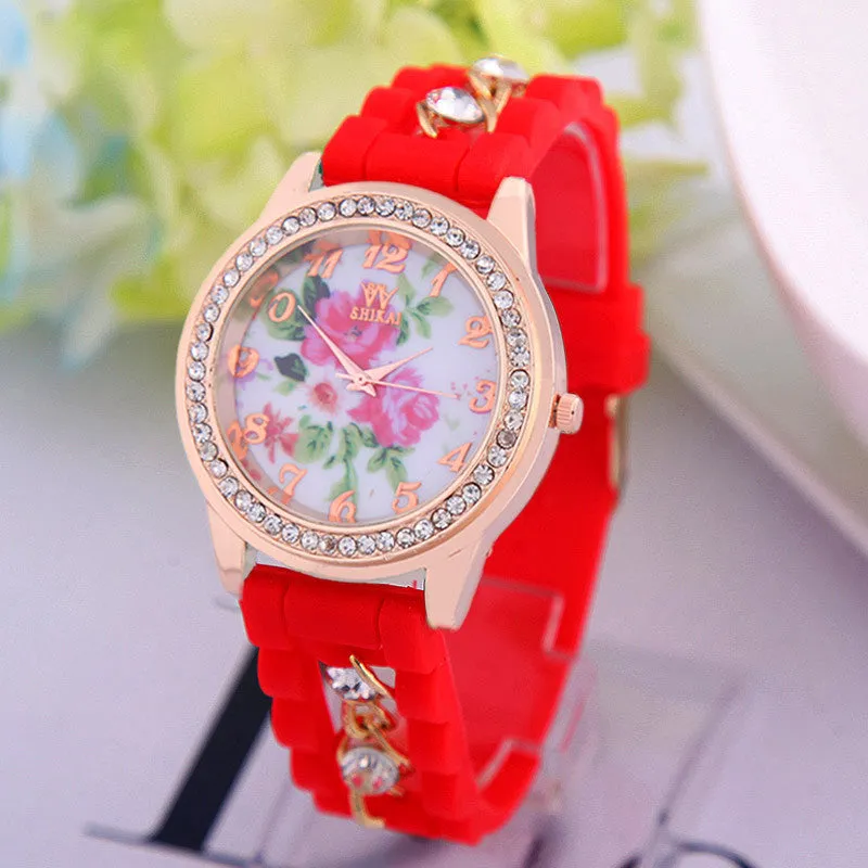Luxury Flower Silicone Watches Women Diamond Rose Gold Quartz Watch Fashion Wristwatches Clocks Wrist Watches Fine Jewelry