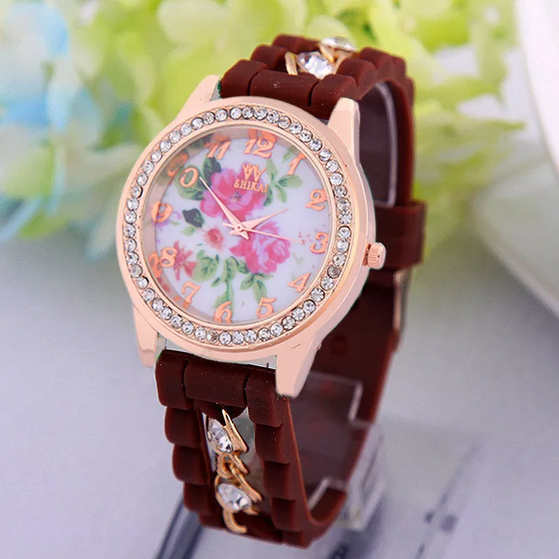 Luxury Flower Silicone Watches Women Diamond Rose Gold Quartz Watch Fashion Wristwatches Clocks Wrist Watches Fine Jewelry