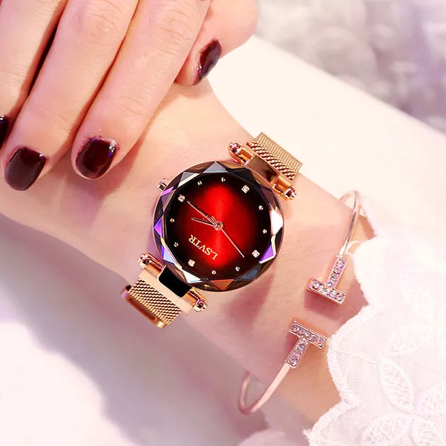 Luxury Quartz Starry Sky Dial Ladies Wrist Watches, Magnetic Mesh Band Watch and Bracelet Set
