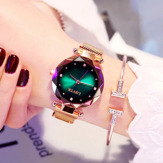 Luxury Quartz Starry Sky Dial Ladies Wrist Watches, Magnetic Mesh Band Watch and Bracelet Set