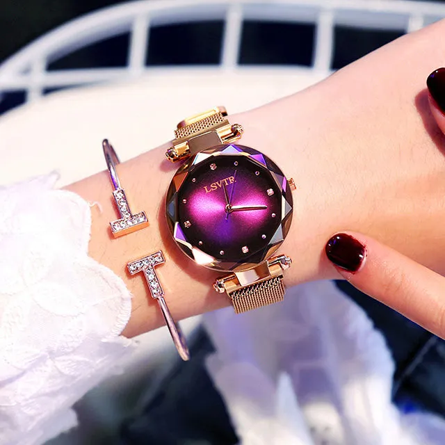 Luxury Quartz Starry Sky Dial Ladies Wrist Watches, Magnetic Mesh Band Watch and Bracelet Set