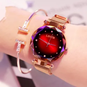 Luxury Quartz Starry Sky Dial Ladies Wrist Watches, Magnetic Mesh Band Watch and Bracelet Set