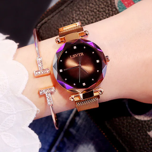 Luxury Quartz Starry Sky Dial Ladies Wrist Watches, Magnetic Mesh Band Watch and Bracelet Set