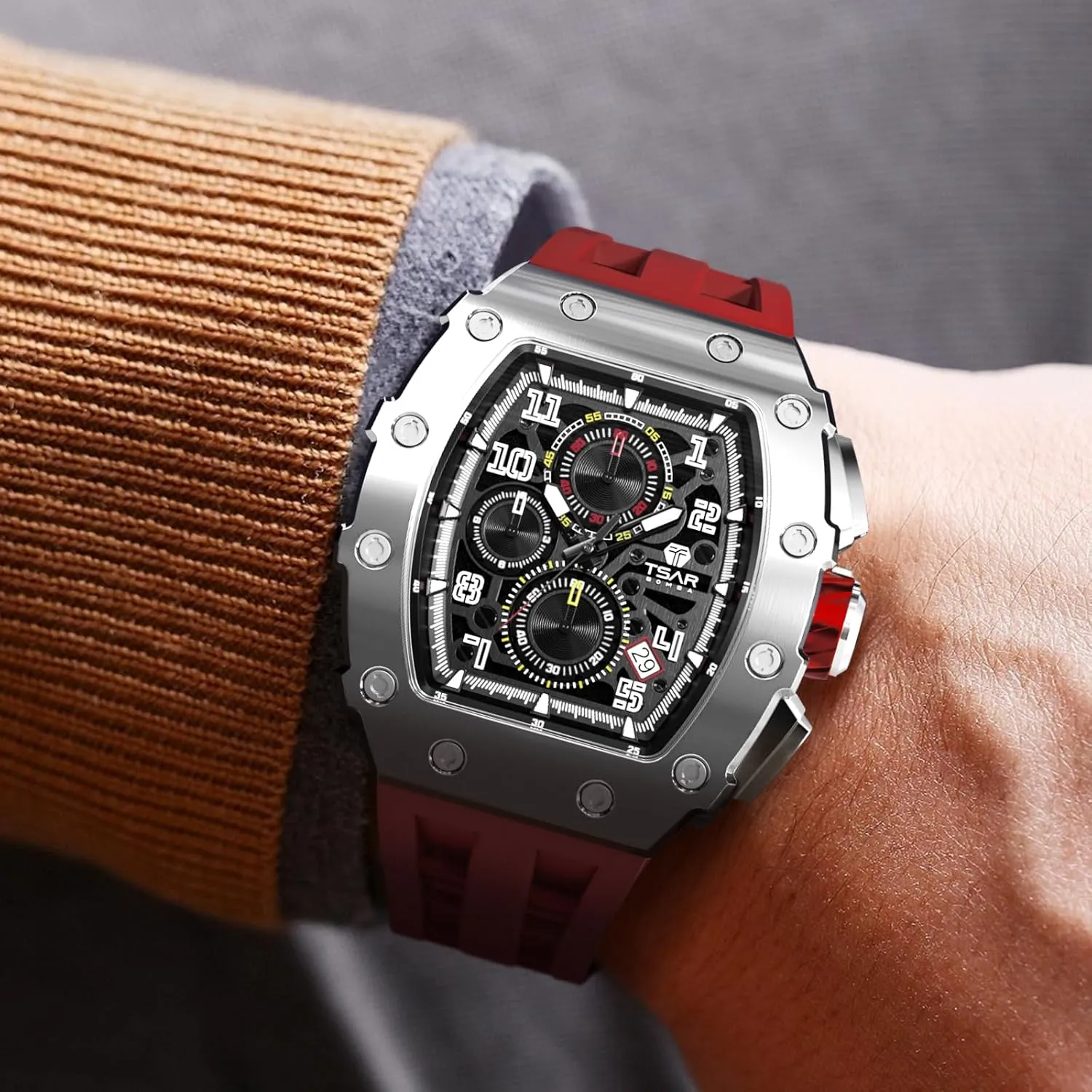 Luxury Watch for Men, 50M Waterproof Mens Watches, Tonneau Watch with Blue Silicone Watch Bands, Japanese Quartz Movement Chronograph, Gifts for Men