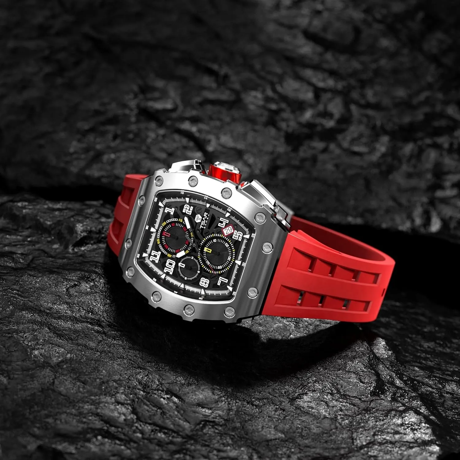 Luxury Watch for Men, 50M Waterproof Mens Watches, Tonneau Watch with Blue Silicone Watch Bands, Japanese Quartz Movement Chronograph, Gifts for Men