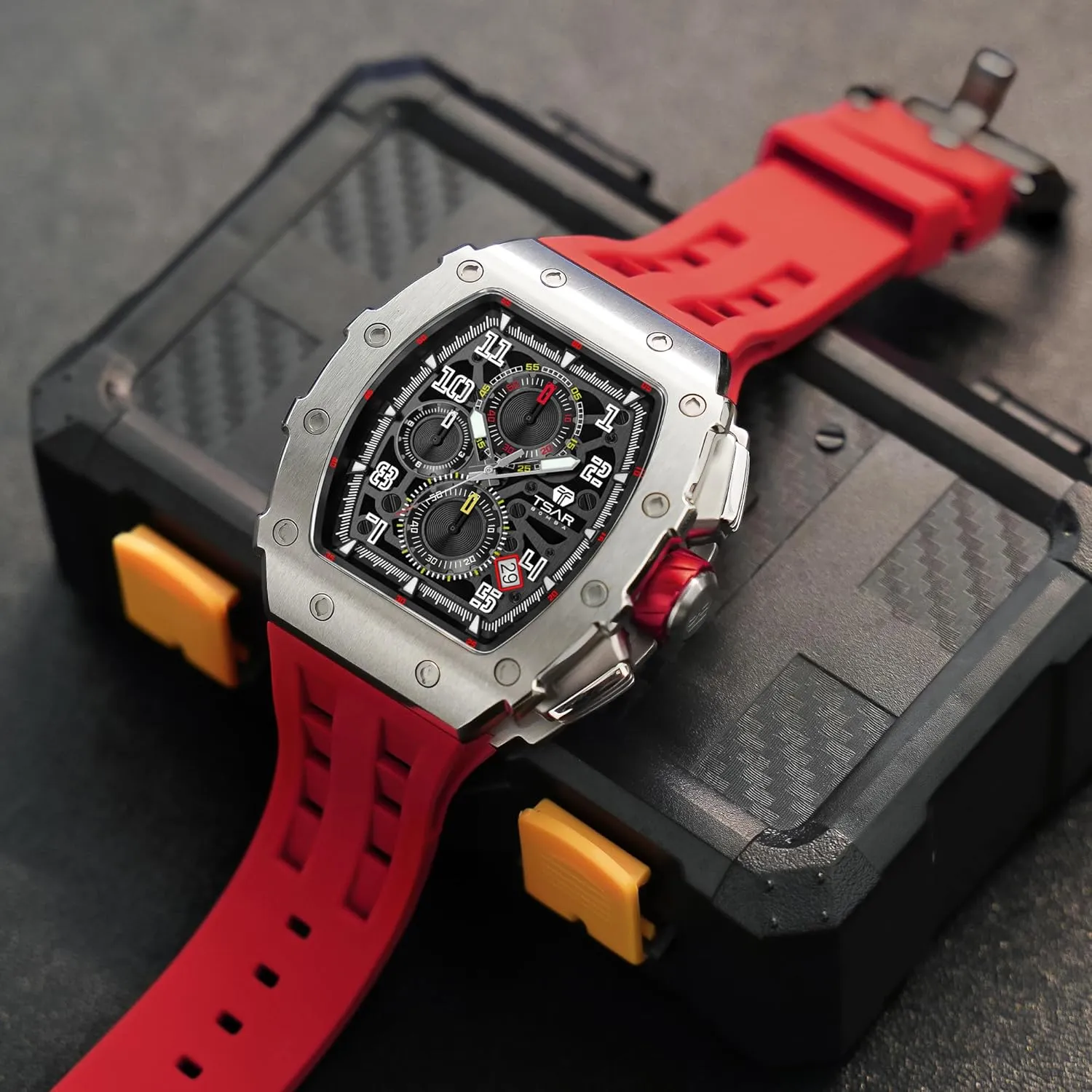 Luxury Watch for Men, 50M Waterproof Mens Watches, Tonneau Watch with Blue Silicone Watch Bands, Japanese Quartz Movement Chronograph, Gifts for Men