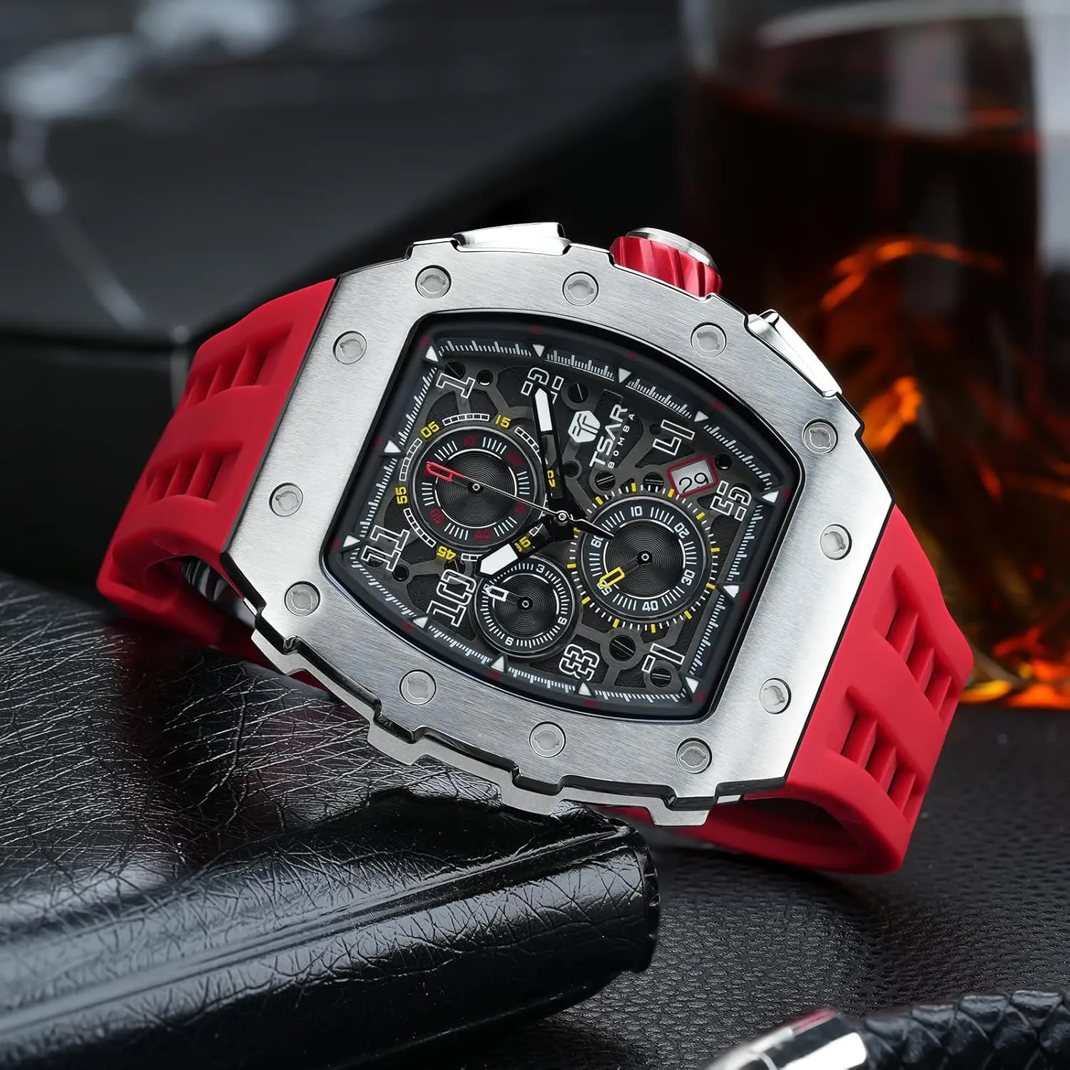 Luxury Watch for Men, 50M Waterproof Mens Watches, Tonneau Watch with Blue Silicone Watch Bands, Japanese Quartz Movement Chronograph, Gifts for Men