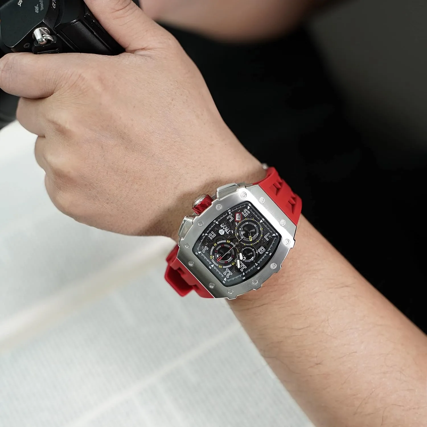 Luxury Watch for Men, 50M Waterproof Mens Watches, Tonneau Watch with Blue Silicone Watch Bands, Japanese Quartz Movement Chronograph, Gifts for Men