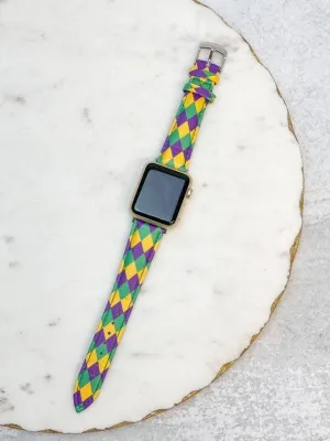 Mardi Gras Harlequin Print Leather Watch Band
