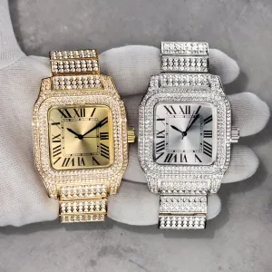 Men's 45mm Square Diamond Watch - Fully Iced Out Case with Roman Dial - Quartz Movement