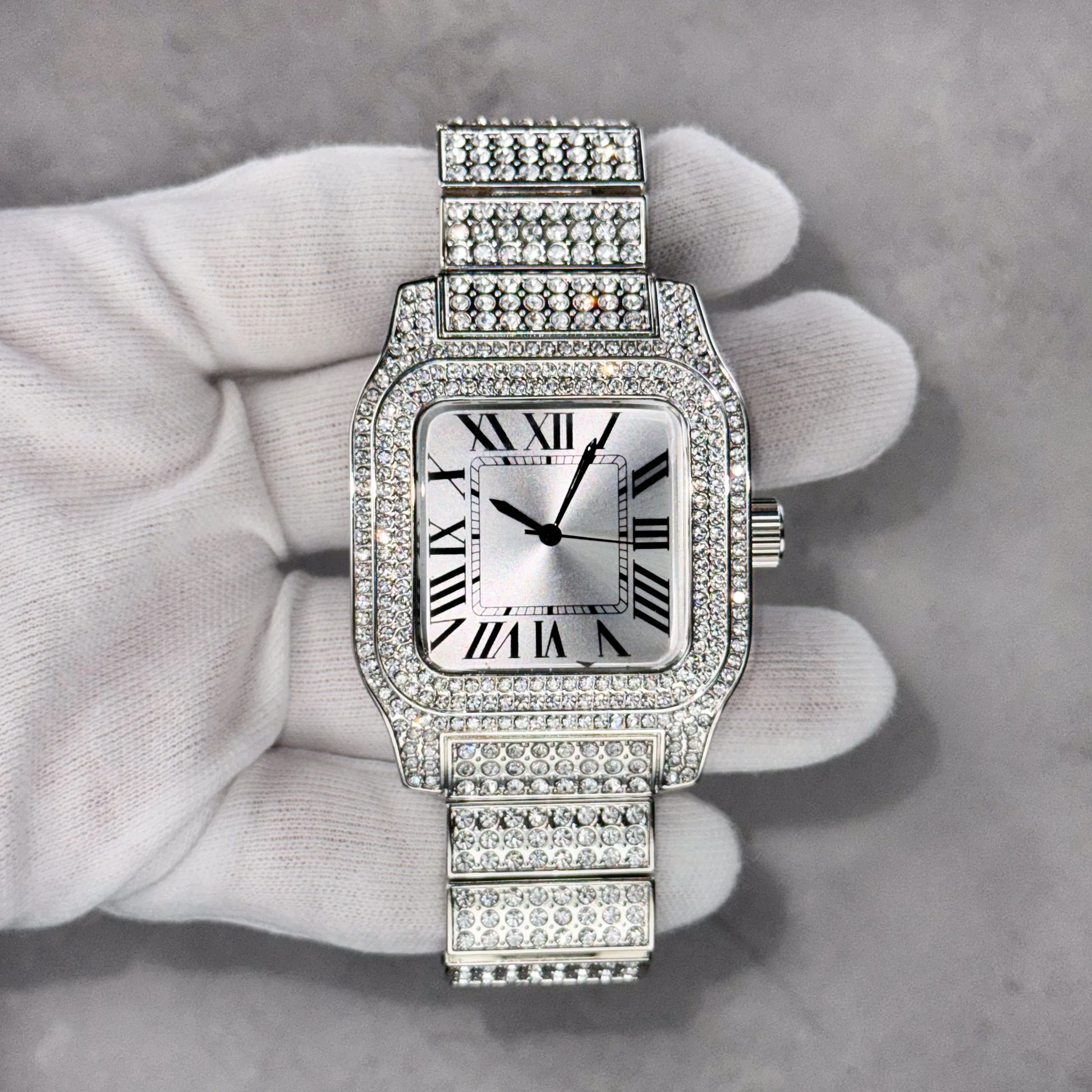 Men's 45mm Square Diamond Watch - Fully Iced Out Case with Roman Dial - Quartz Movement