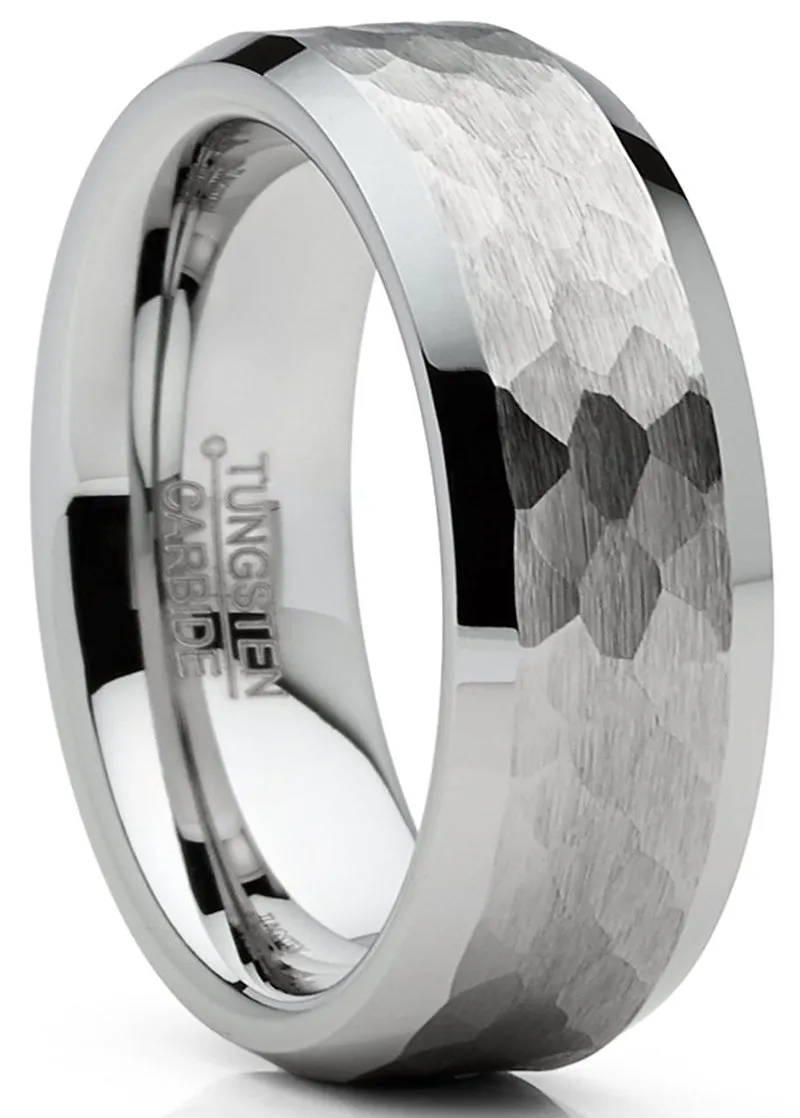Mens Tungsten Ring Hammered Wedding Band Silvertone Comfort-Fit 8MM