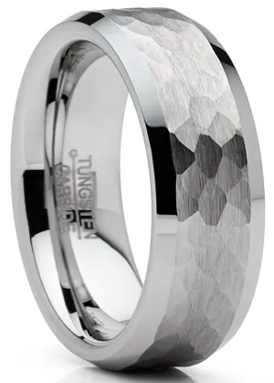 Mens Tungsten Ring Hammered Wedding Band Silvertone Comfort-Fit 8MM