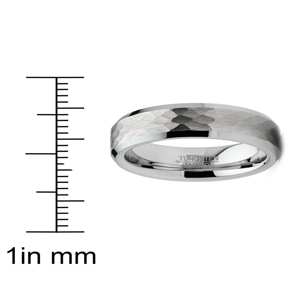 Mens Tungsten Ring Hammered Wedding Band Silvertone Comfort-Fit 8MM