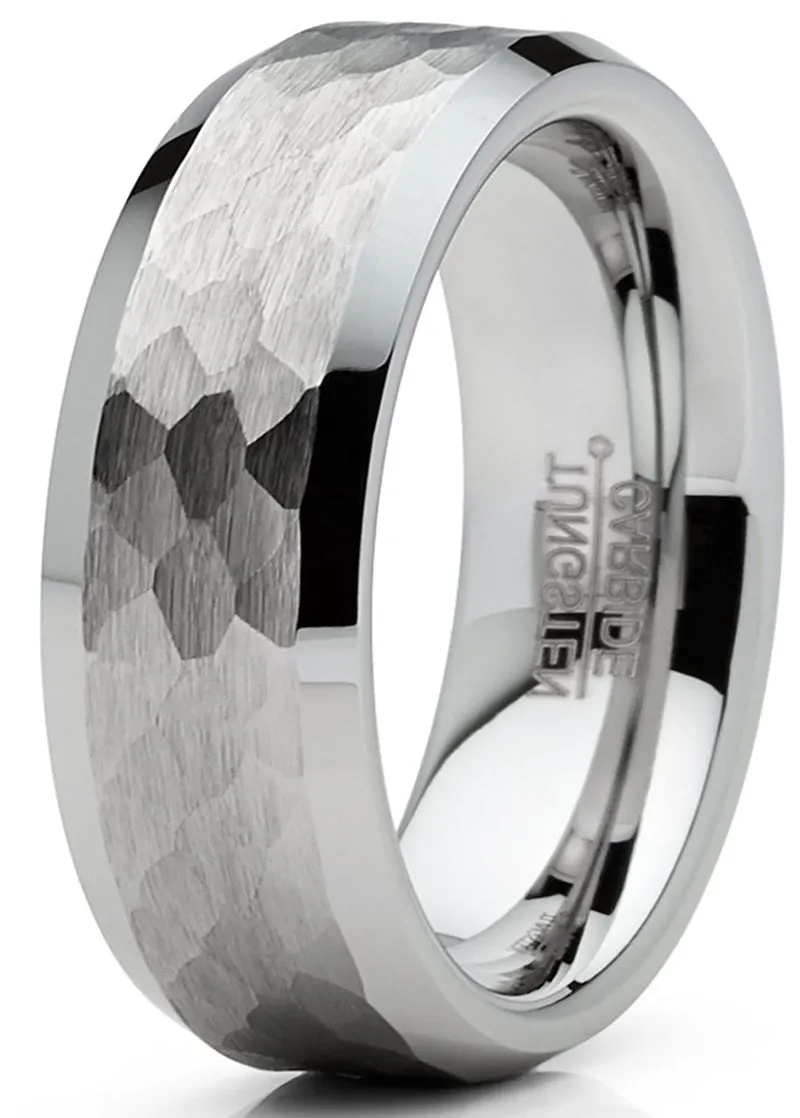 Mens Tungsten Ring Hammered Wedding Band Silvertone Comfort-Fit 8MM
