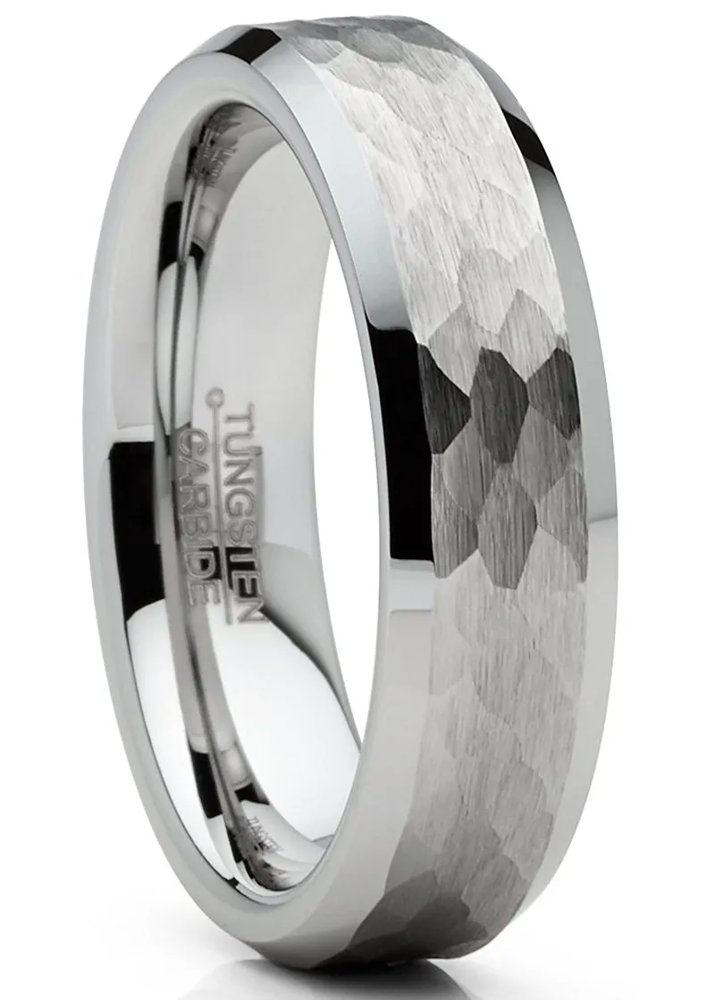 Mens Tungsten Ring Hammered Wedding Band Silvertone Comfort-Fit 8MM