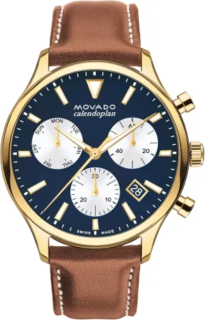 Movado Heritage Calendoplan Men's Luxury Chronograph Watch - Swiss Quartz Movement, Calfskin Strap, Water Resistance 30 Meters (3ATM) - Classic Timepiece - Gift for Him - 43mm