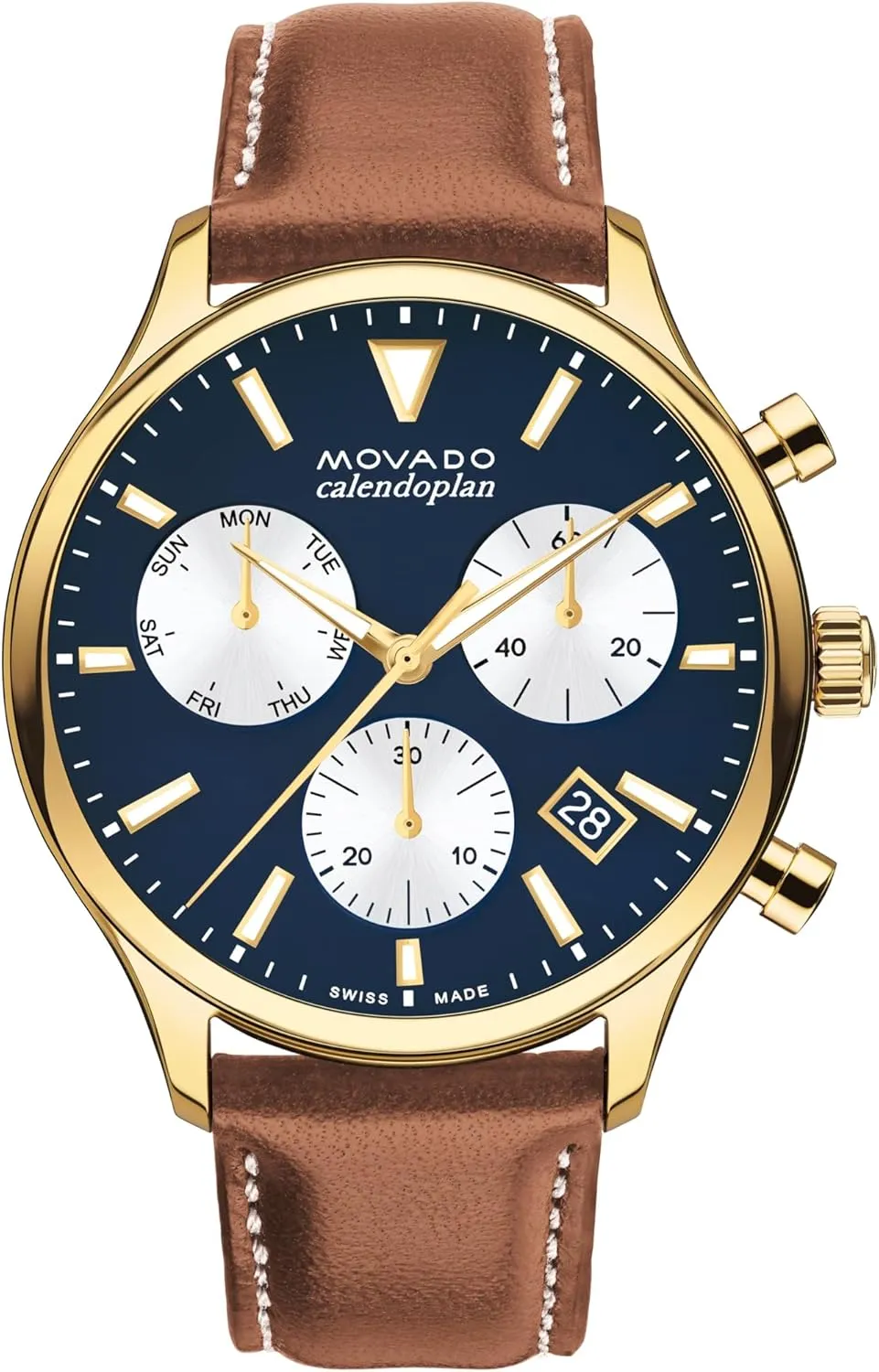 Movado Heritage Calendoplan Men's Luxury Chronograph Watch - Swiss Quartz Movement, Calfskin Strap, Water Resistance 30 Meters (3ATM) - Classic Timepiece - Gift for Him - 43mm