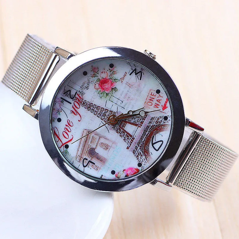 New Fashion Eiffel Tower Watch Stainless Steel Watch for Women Dress Watch Flower Watch