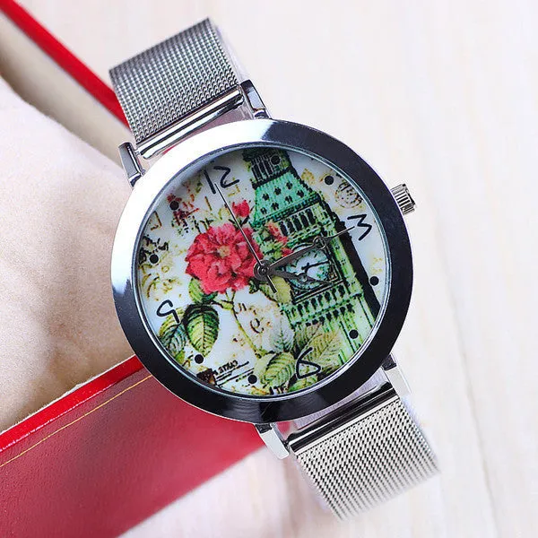New Fashion Eiffel Tower Watch Stainless Steel Watch for Women Dress Watch Flower Watch