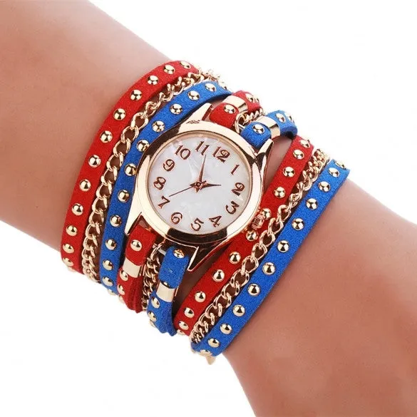New Fashion Women's Three Strap Chain Watch Wrap Circle Wristwatch