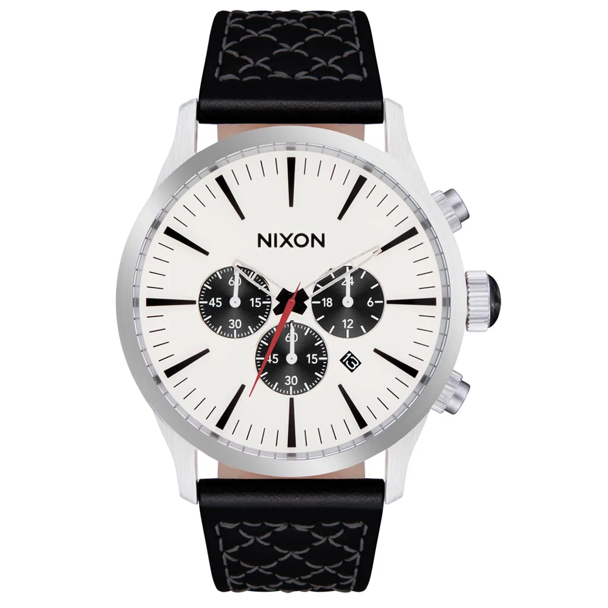 Nixon Sentry Chrono Leather Watch - Chrome/Cloud Sunray/Black