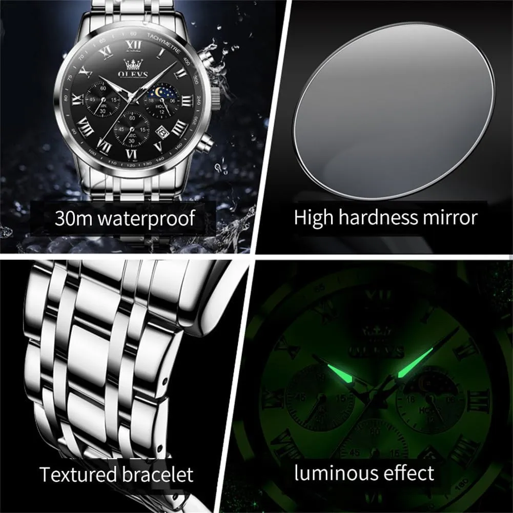 OLEVS Men Multifunction Watch, Multi Dial Waterproof Luminous Chronograph Men's Watch with Date Gift for Men,Stainless Steel Watches for Men,Classic Men Wrist Watch