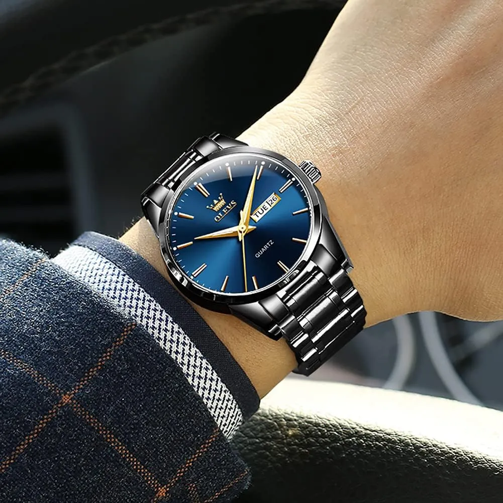 OLEVS Men's Luxury Watch Waterproof Luminous Easy Read Chronograph Watches Full Gold/White Dail/Black Face with Calendar Wristwatch