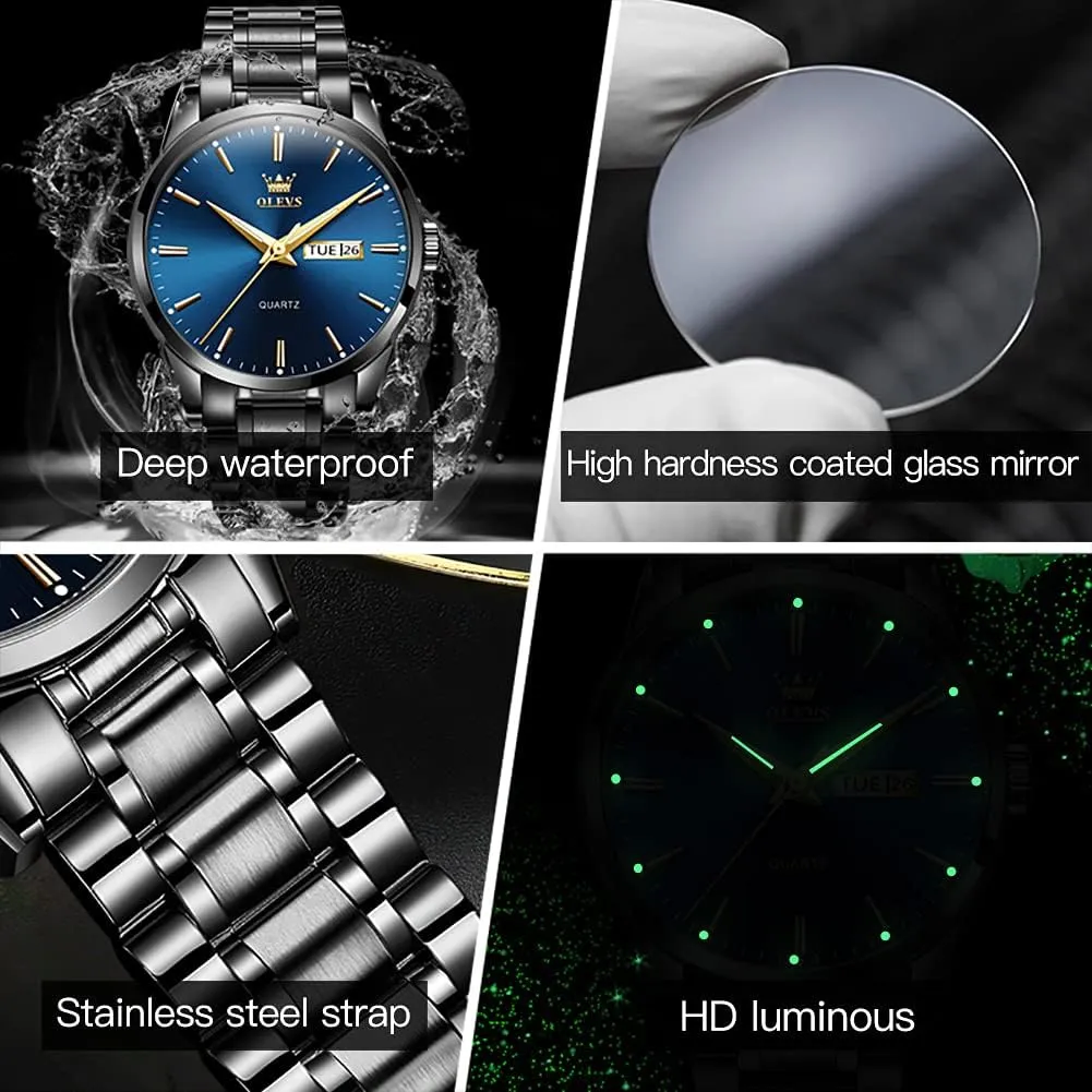 OLEVS Men's Luxury Watch Waterproof Luminous Easy Read Chronograph Watches Full Gold/White Dail/Black Face with Calendar Wristwatch
