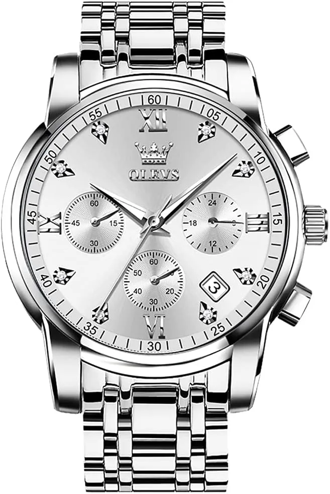 OLEVS Men's Stainless Steel Chronograph Watch, Big Face Gold Silver Black Tone Easy to Read Analog Quartz Watch, Luxury Waterproof Date Diamond Roman Arabic Numerals Dial Dress Watch for Men