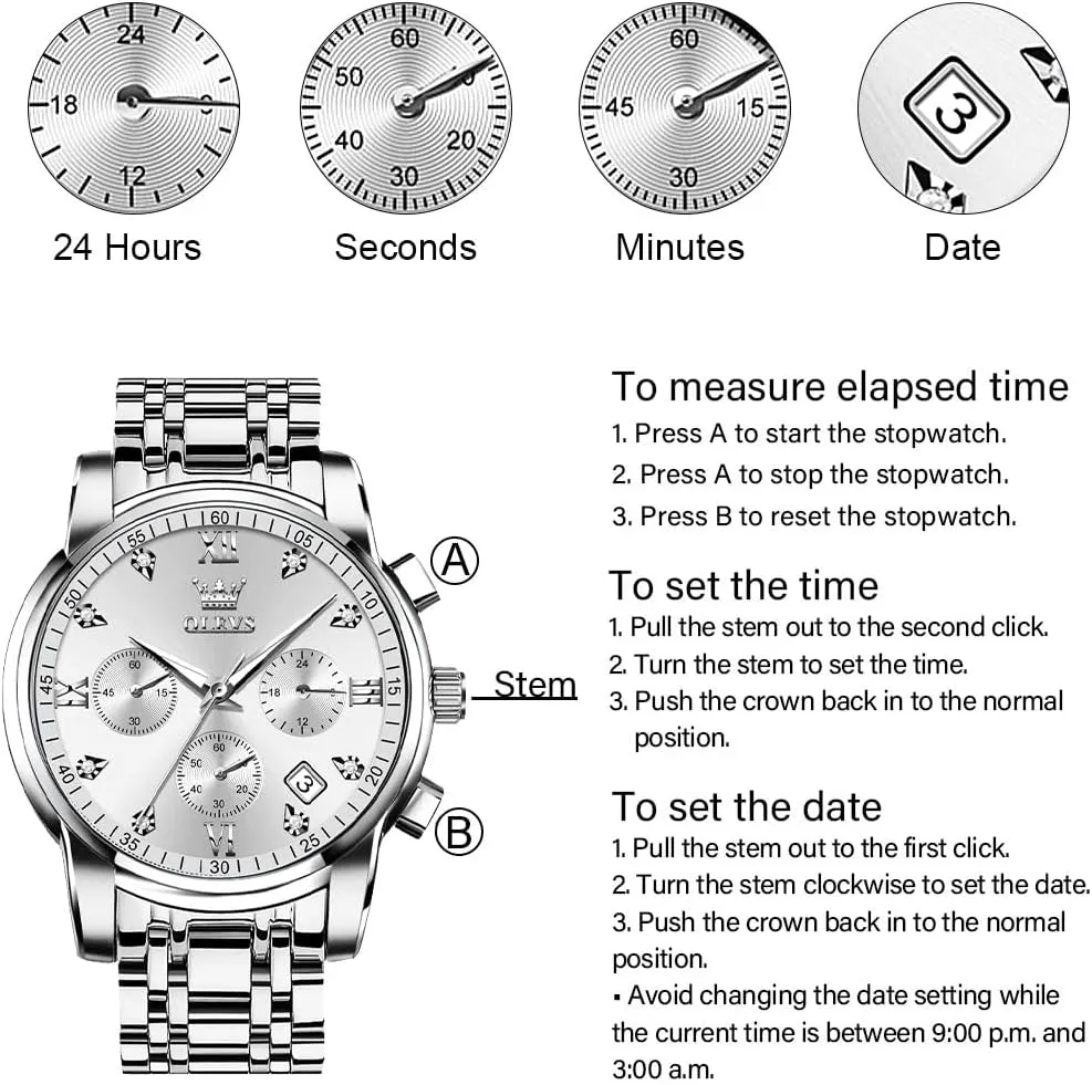 OLEVS Men's Stainless Steel Chronograph Watch, Big Face Gold Silver Black Tone Easy to Read Analog Quartz Watch, Luxury Waterproof Date Diamond Roman Arabic Numerals Dial Dress Watch for Men