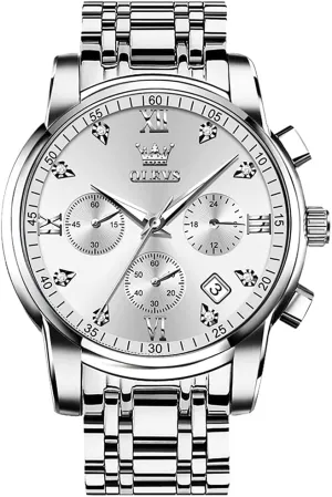 OLEVS Men's Stainless Steel Chronograph Watch, Big Face Gold Silver Black Tone Easy to Read Analog Quartz Watch, Luxury Waterproof Date Diamond Roman Arabic Numerals Dial Dress Watch for Men OLEVS Men's Stainless Steel Chronograph Watch, Big Face Gold Silver Black Tone Easy to Read Analog Quartz Watch, Luxury Waterproof Date Diamond Roman Arabic Numerals Dial Dress Watch for Men