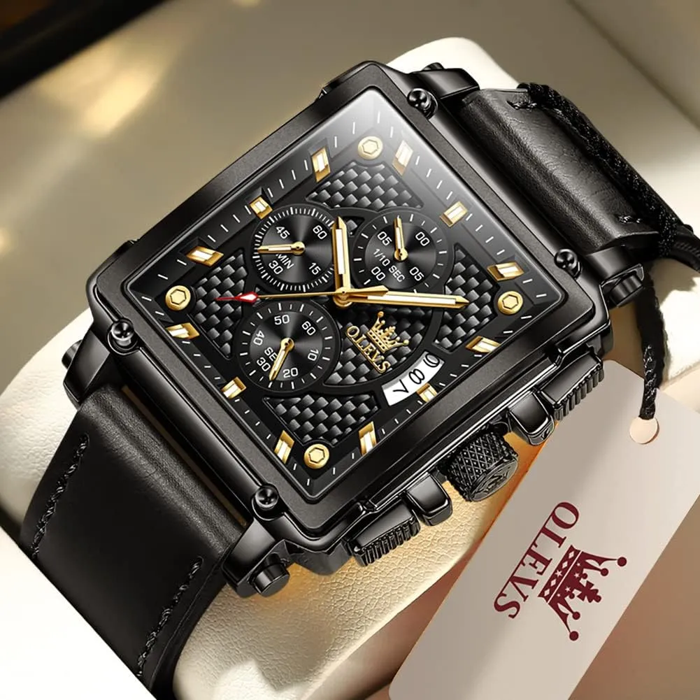 OLEVS Square Watches for Men Leather Multifunctional Chronograph Fashion Business Dress Analog Quartz Wrist Watches Luminous Waterproof