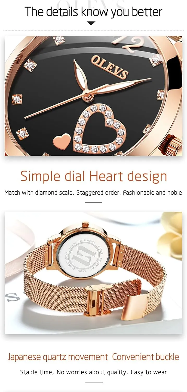 OLEVS Women's Rose Gold Watches Heart Diamond Japanese Quartz Movement Ladies Wristwatch Big Face Waterproof Mesh Belt Watch and Bracelet Set