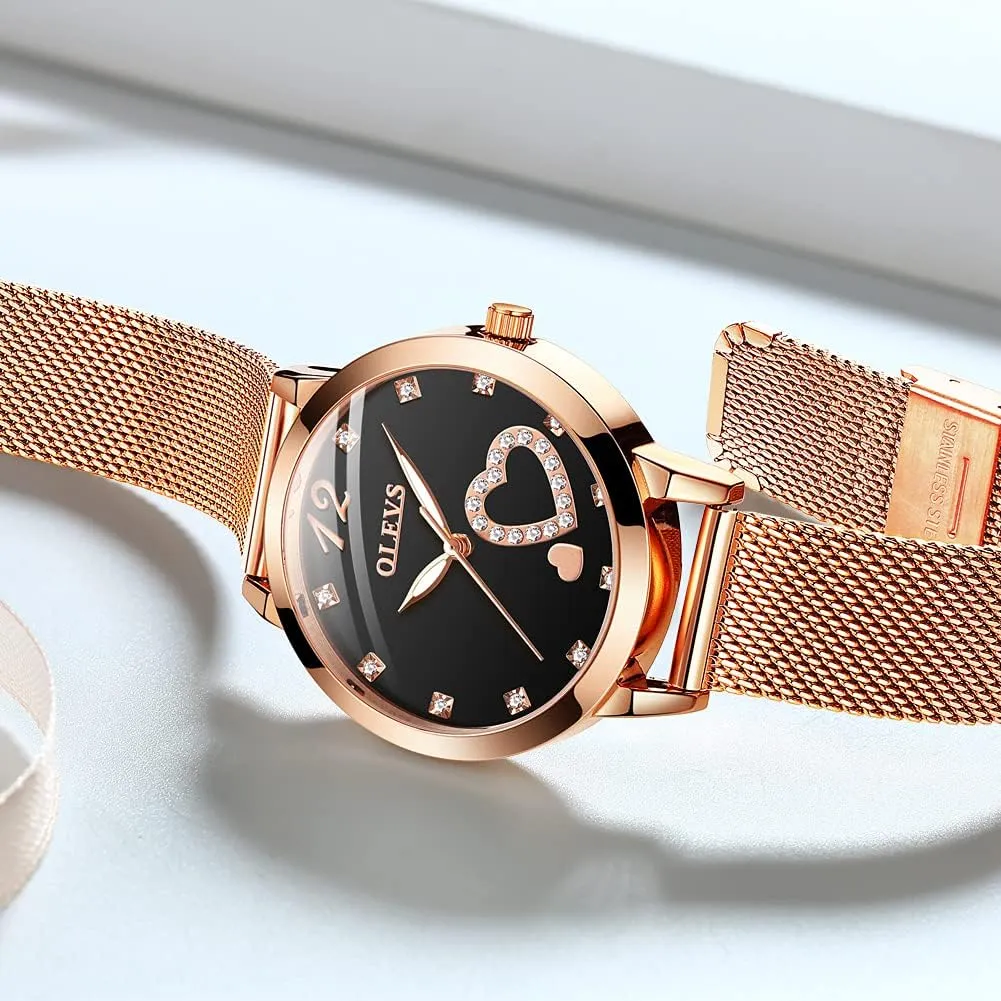 OLEVS Women's Rose Gold Watches Heart Diamond Japanese Quartz Movement Ladies Wristwatch Big Face Waterproof Mesh Belt Watch and Bracelet Set