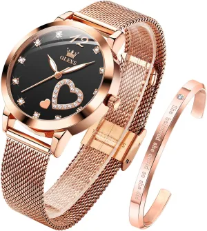 OLEVS Women's Rose Gold Watches Heart Diamond Japanese Quartz Movement Ladies Wristwatch Big Face Waterproof Mesh Belt Watch and Bracelet Set