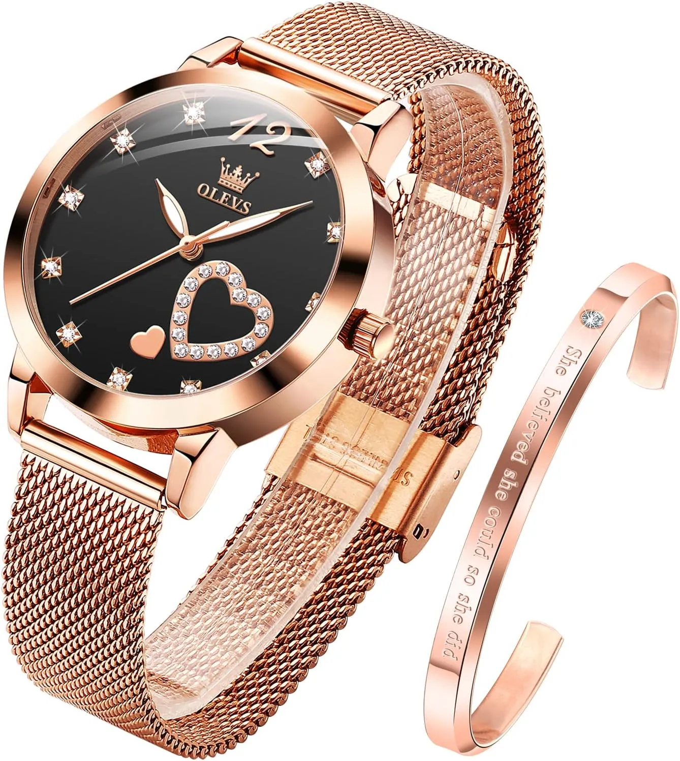 OLEVS Women's Rose Gold Watches Heart Diamond Japanese Quartz Movement Ladies Wristwatch Big Face Waterproof Mesh Belt Watch and Bracelet Set