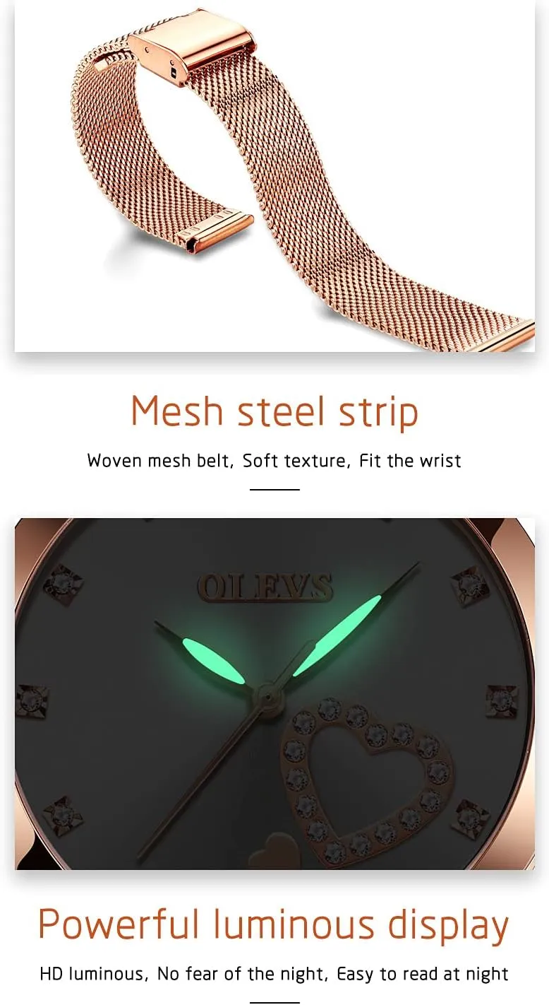 OLEVS Women's Rose Gold Watches Heart Diamond Japanese Quartz Movement Ladies Wristwatch Big Face Waterproof Mesh Belt Watch and Bracelet Set