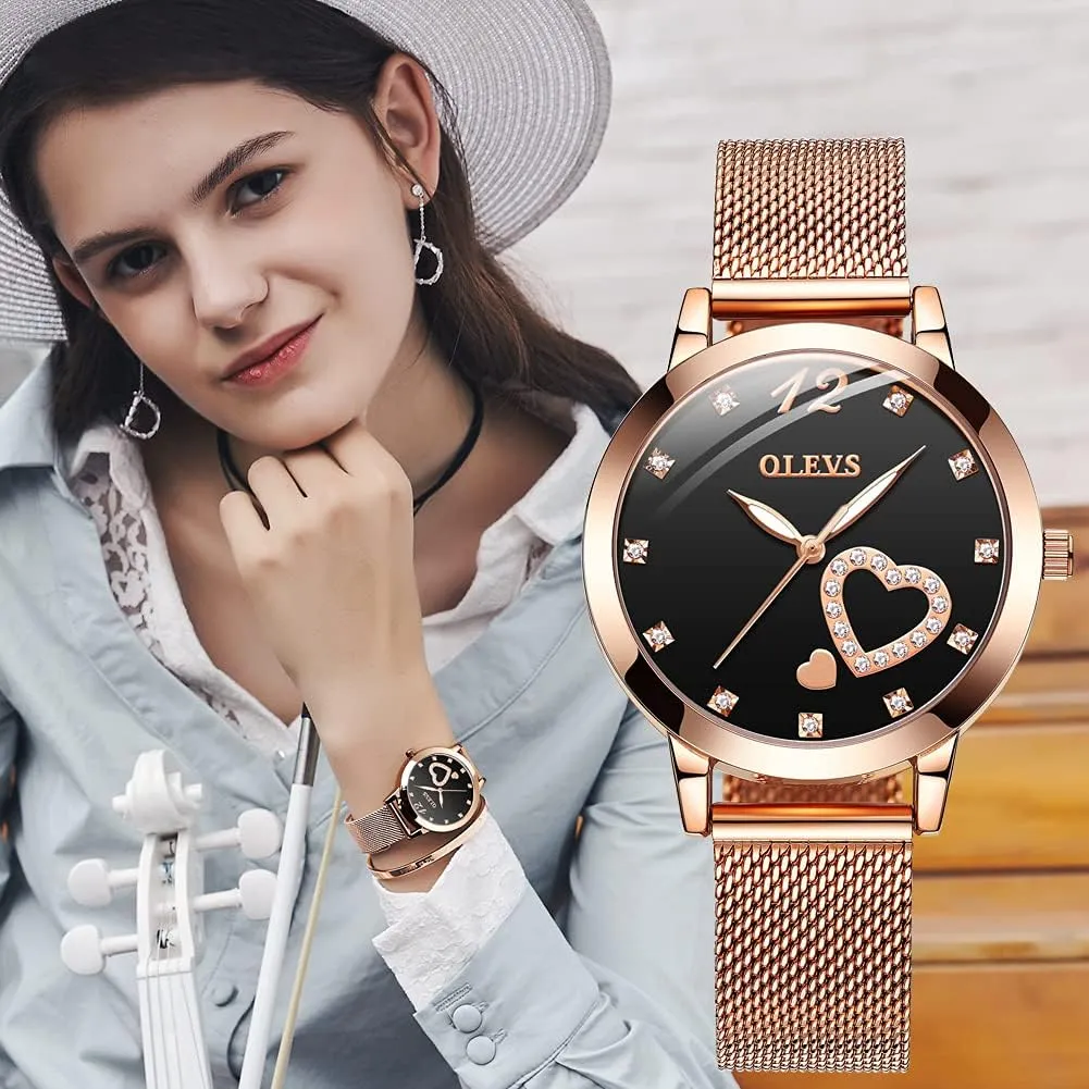OLEVS Women's Rose Gold Watches Heart Diamond Japanese Quartz Movement Ladies Wristwatch Big Face Waterproof Mesh Belt Watch and Bracelet Set