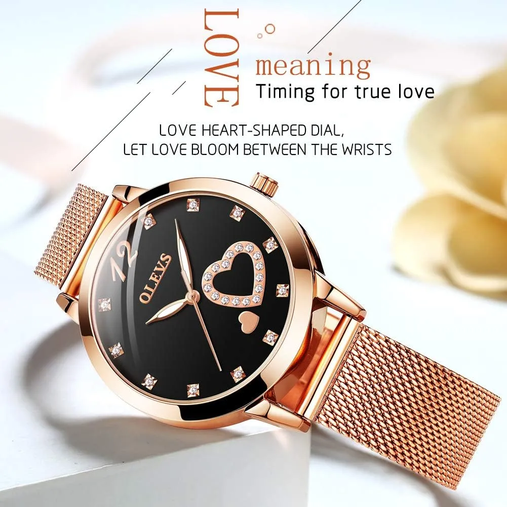 OLEVS Women's Rose Gold Watches Heart Diamond Japanese Quartz Movement Ladies Wristwatch Big Face Waterproof Mesh Belt Watch and Bracelet Set
