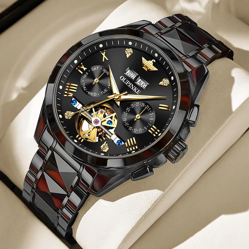 OUPINKE Mens Watches Skeleton Automatic Mechanical Premium with Calendar Sapphire Crystal Tungsten Steel Waterproof Wrist Watch