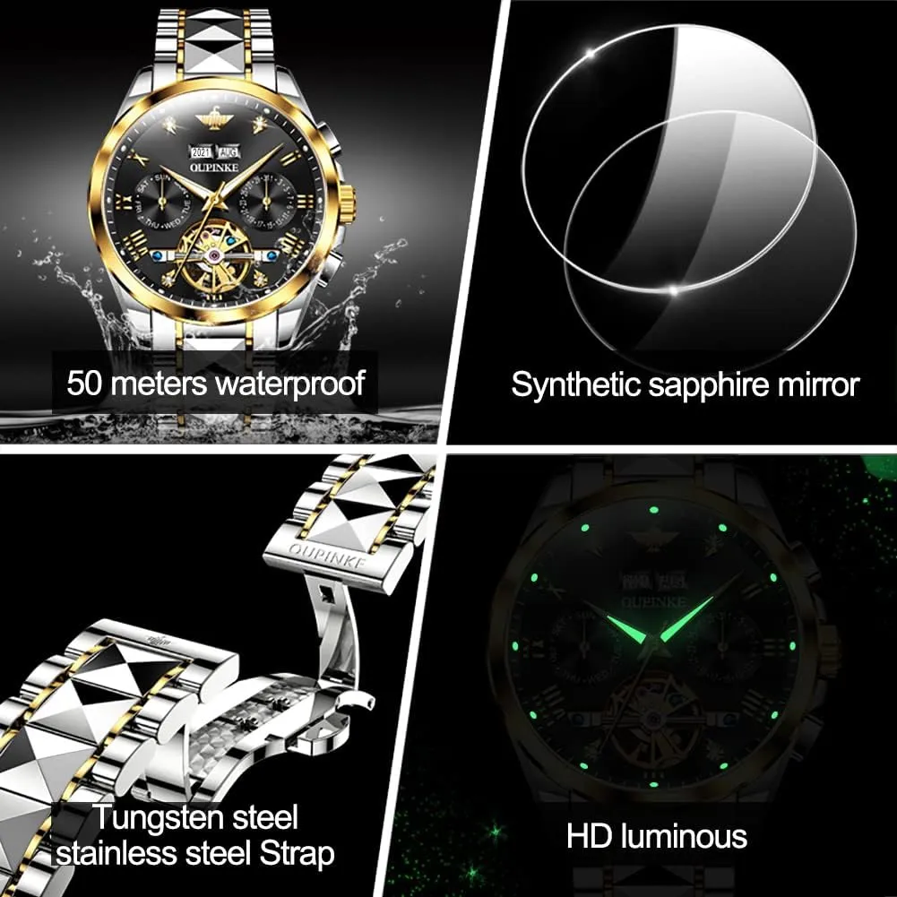 OUPINKE Mens Watches Skeleton Automatic Mechanical Premium with Calendar Sapphire Crystal Tungsten Steel Waterproof Wrist Watch